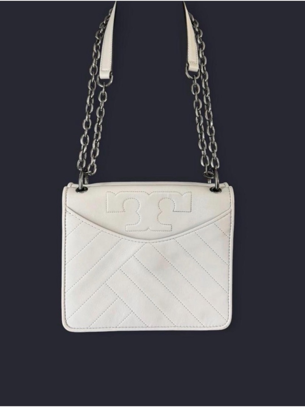 Tory Burch Kira Chevron Small Shoulder Bag Gray Leather Chain Crossbody - Picture 3 of 9